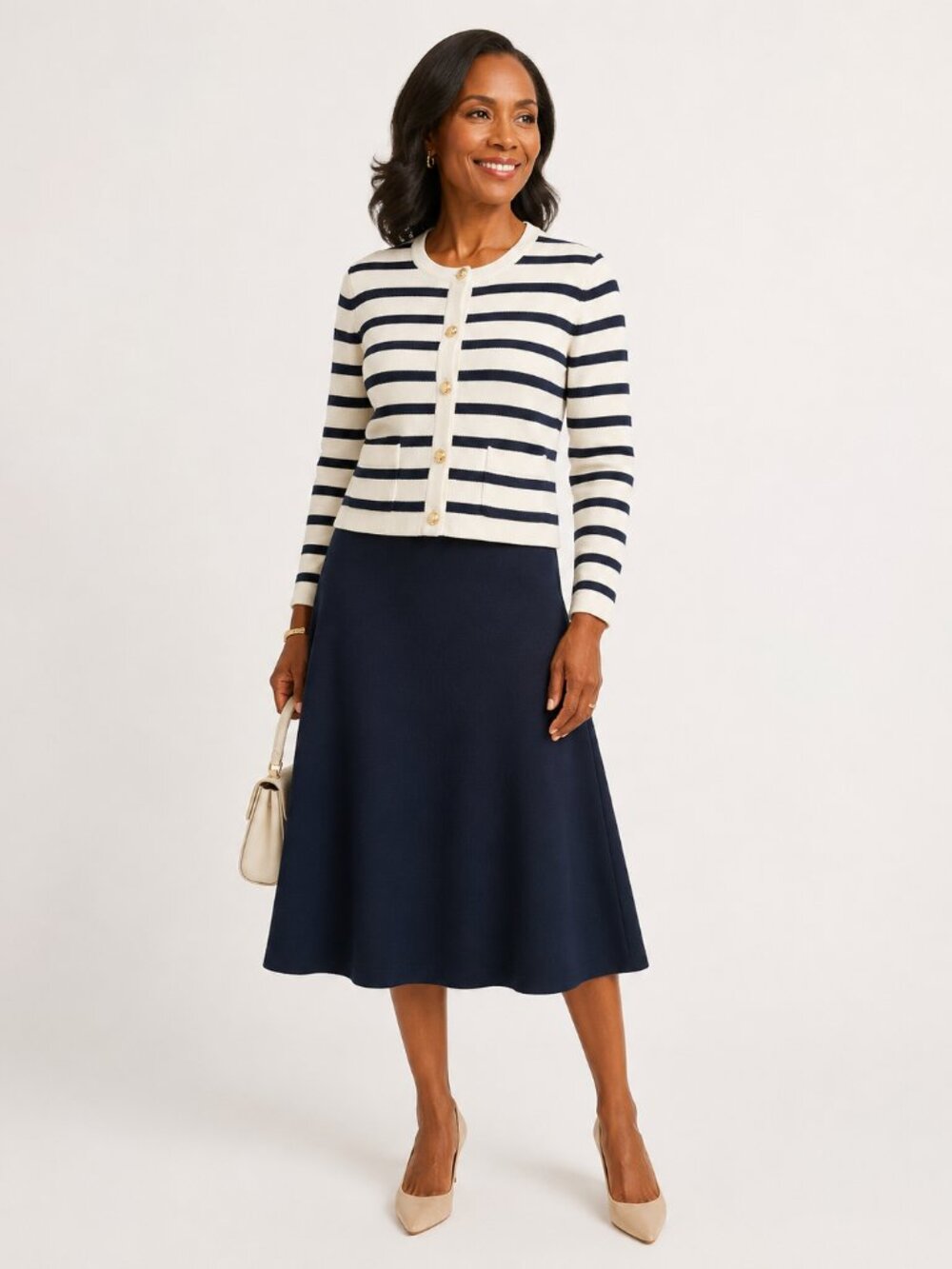 J.Crew Emilie Navy Ivory Stripe Sweater Lady Jacket Cardigan Preppy Coastal Chic